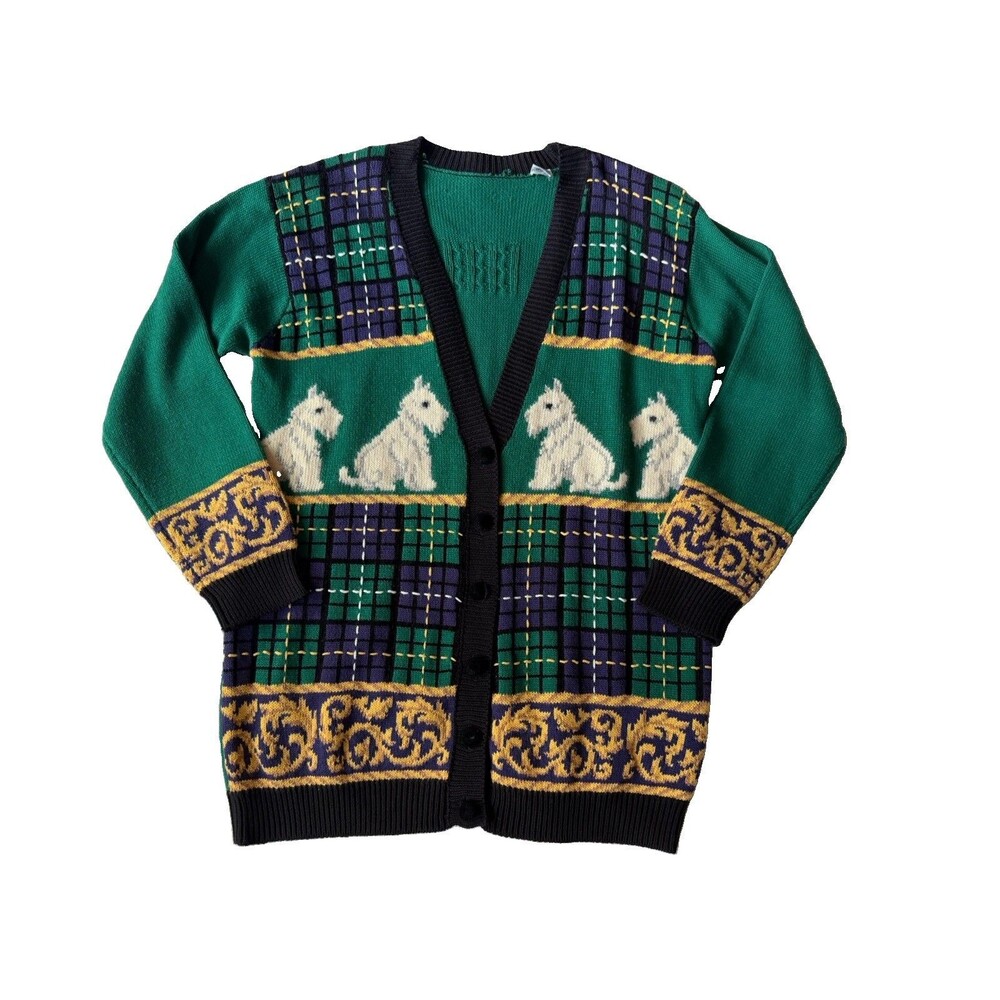 Vtg Marisa Christina Scottie Dog Tartan Christmas Sweater Cottage Core Sz L
